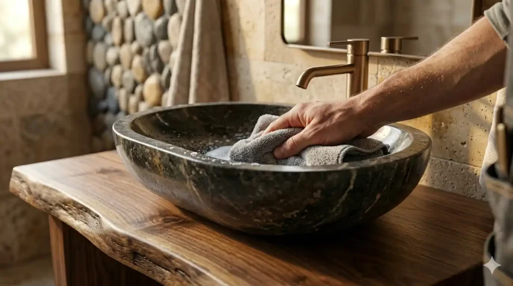 Primer plano de manos expertas limpiando un lavamanos de piedra natural con paño de microfibra y productos neutros