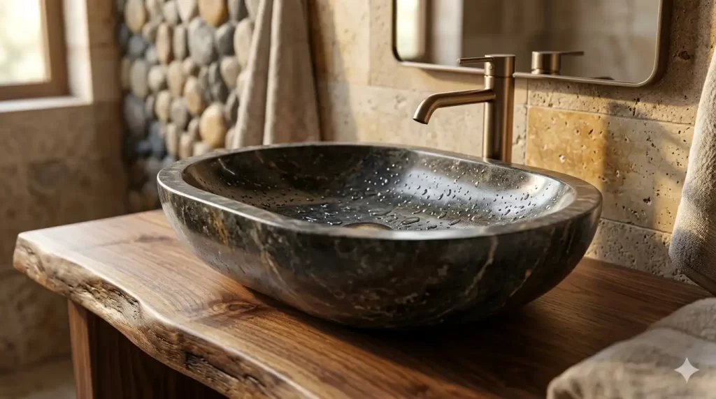 Lavamanos de piedra natural de alta gama integrado en un diseño de baño contemporáneo con iluminación dramática